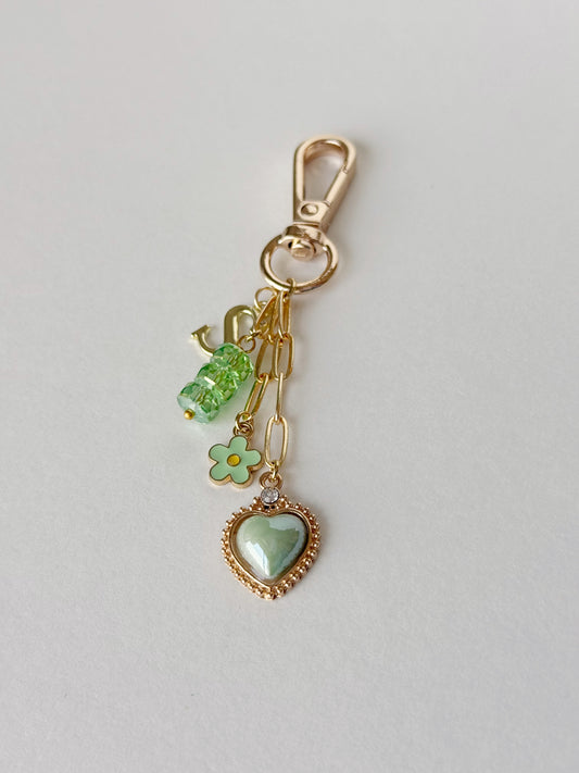 Initial and Green Heart Bag Charm