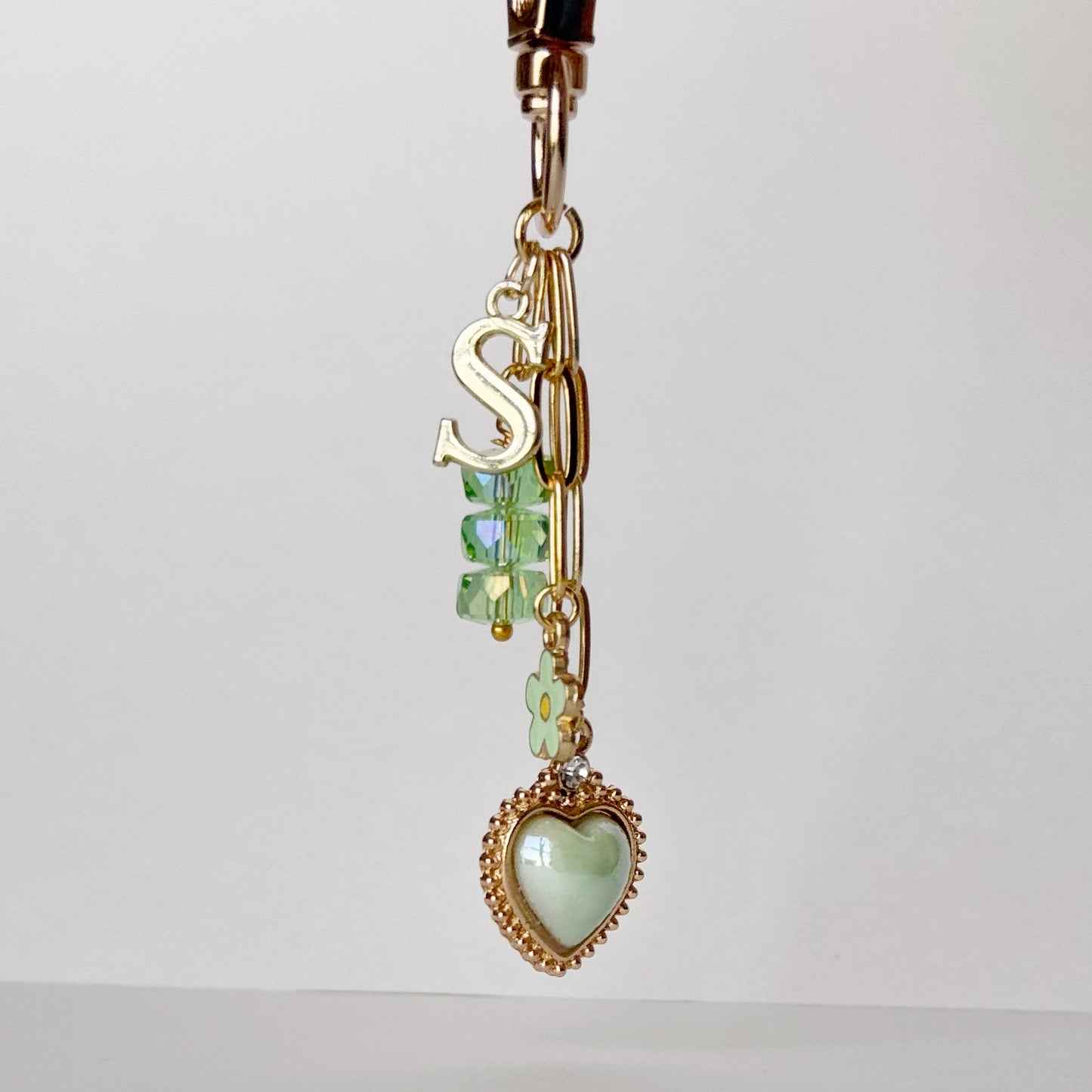Initial and Green Heart Bag Charm