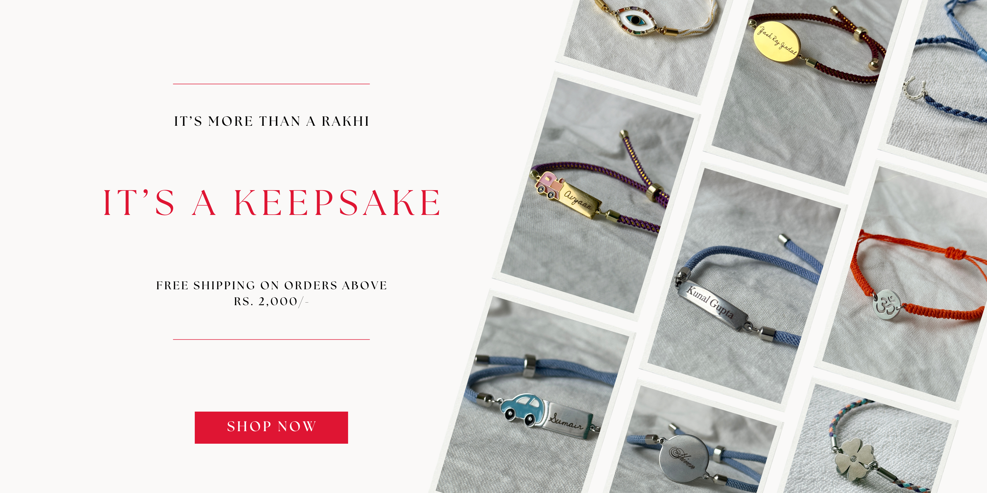 Promotional banner for a keepsake bracelet collection, featuring a collage of various colorful and metallic bracelets on a light gray textured background, alongside marketing text on a white background.